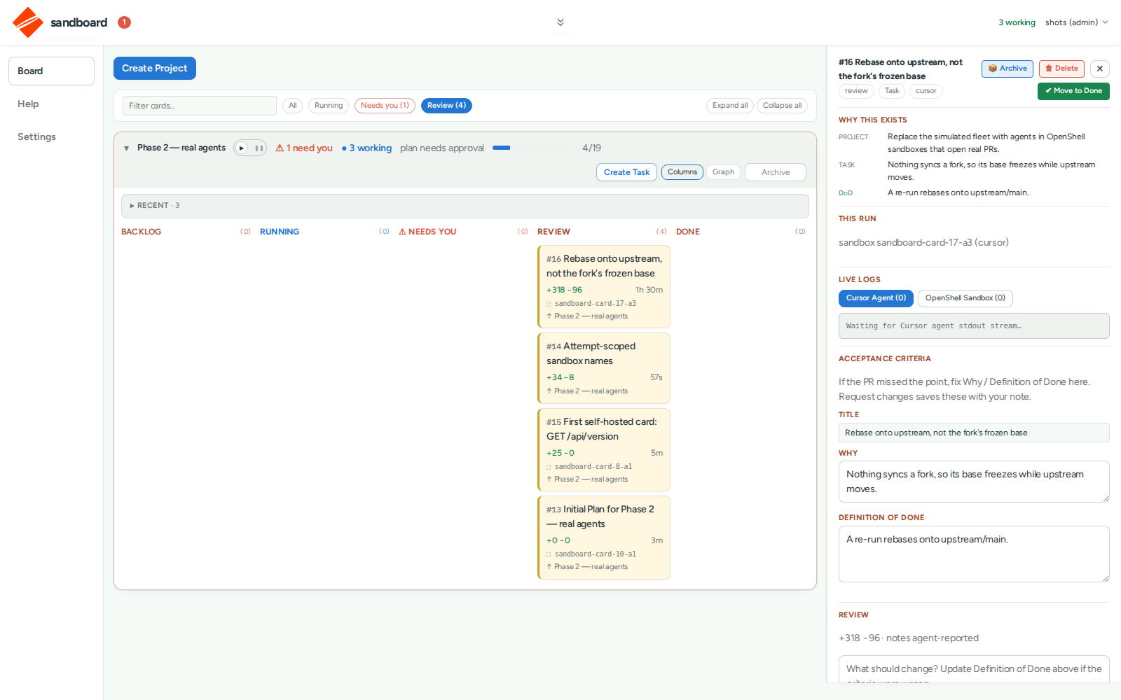 A finished card in Review with its pull request